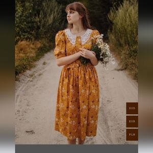 NWOT Small REVINTARIA Charming Mustard Floral Midi Dress with Lace Collar